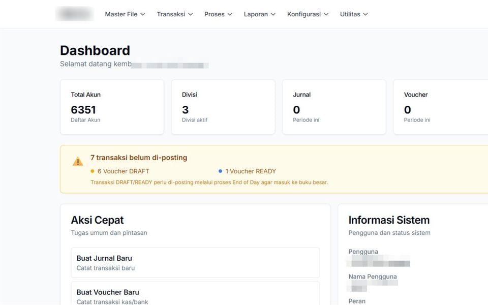 General Ledger System, Dashboard