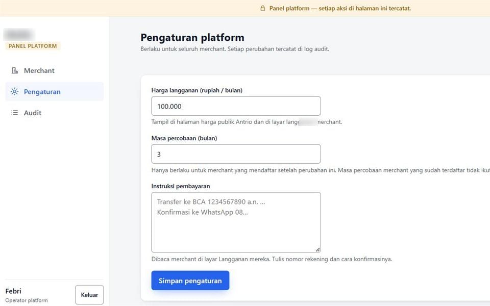 Multi-Tenant Booking SaaS, Platform Settings