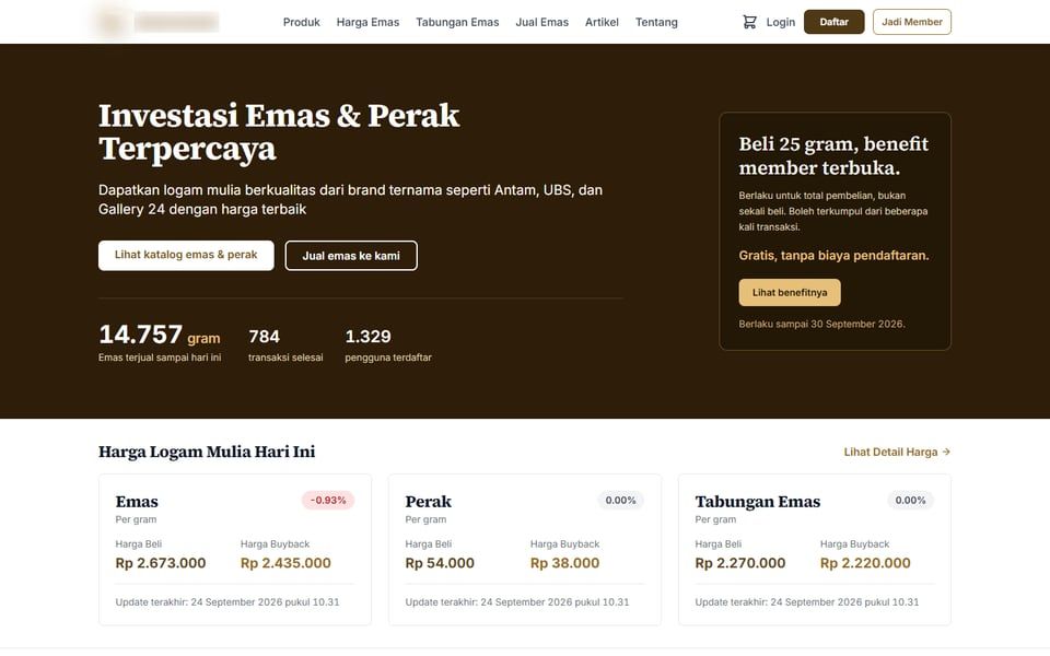 E-commerce Logam Mulia, Beranda