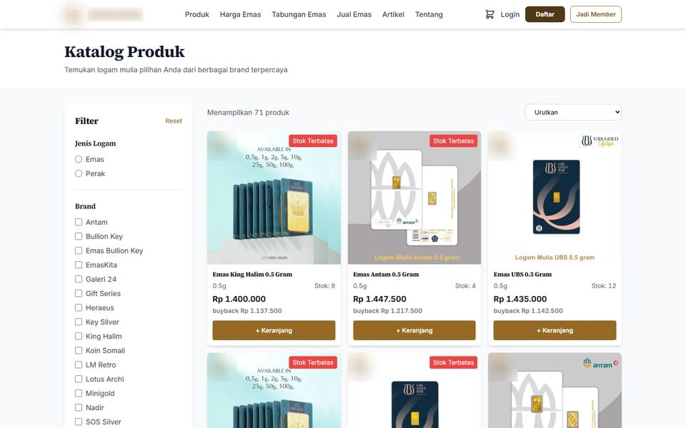 E-commerce Logam Mulia, Katalog Produk